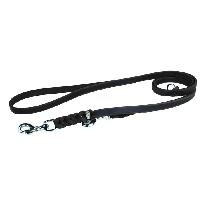 JHS Hundeleine Fettleder 2-fach verstellbar – 240 cm, Chrom, Schwarz